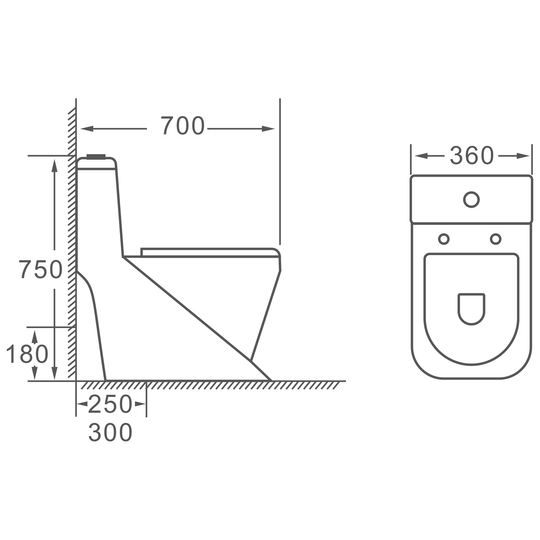 SANIKB HSJ-2364 one-piece toilet dimension drawing, 700 × 360 × 750 mm