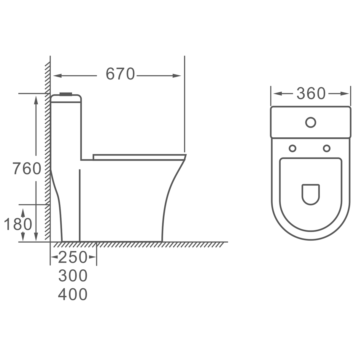 SANIKB HSJ-2390 one-piece toilet dimension drawing, 670 × 360 × 760 mm