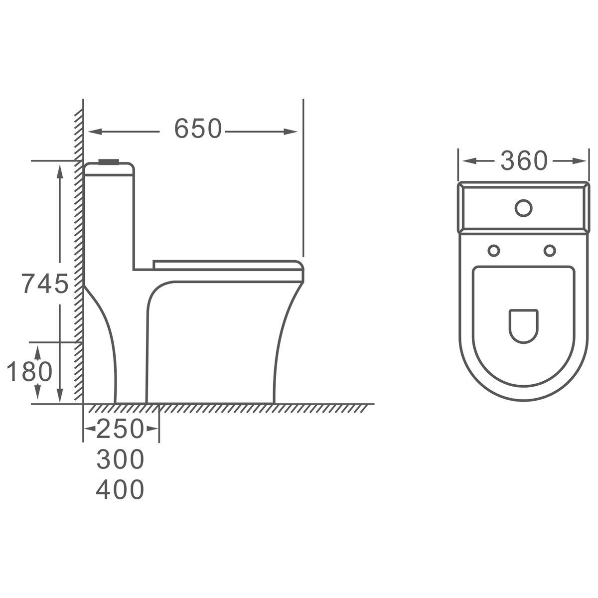 SANIKB HSJ-2401 one-piece toilet dimension drawing, 650 × 360 × 745 mm