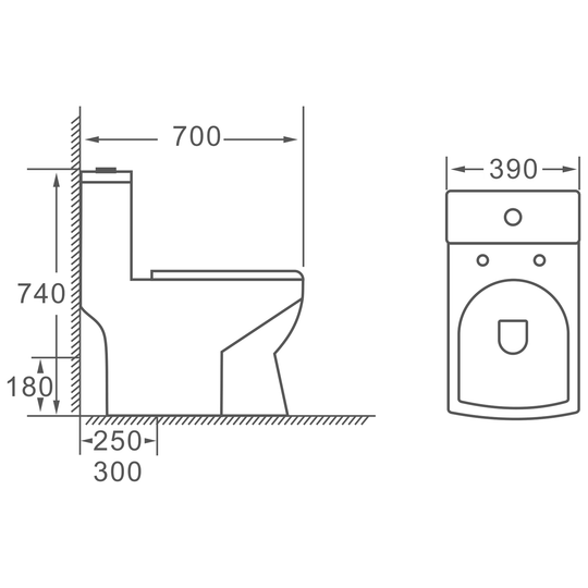 SANIKB HSJ-2497 one-piece toilet dimension drawing, 700 × 390 × 740 mm