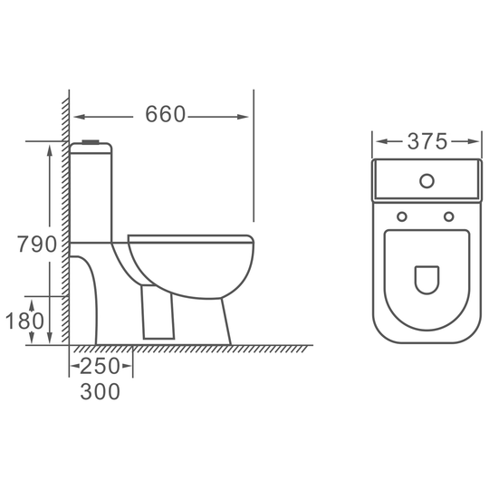 SANIKB HSJ-3004 two-piece toilet dimension drawing, 660 × 375 × 790 mm