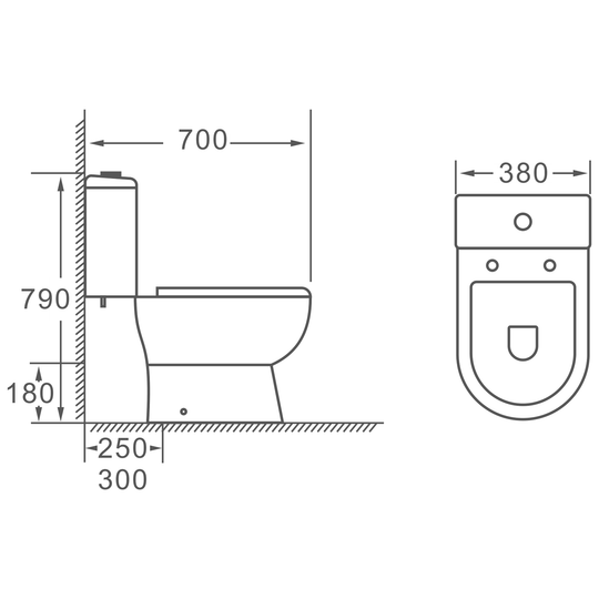 SANIKB HSJ-3007 two-piece toilet dimension drawing, 700 × 380 × 790 mm