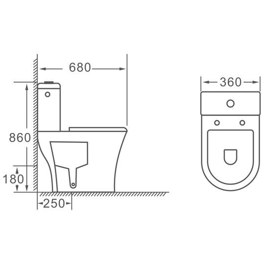 SANIKB HSJ-3008 two-piece toilet dimension drawing, 680 × 360 × 860 mm