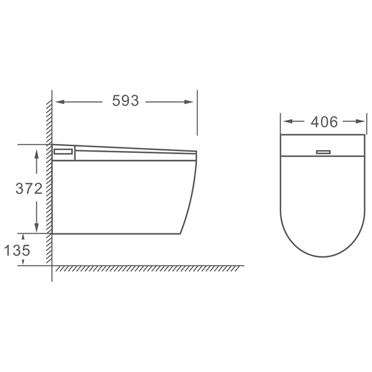 SANIKB HSJ-T05 wall-hung smart toilet dimension drawing, 593 × 406 × 372 mm