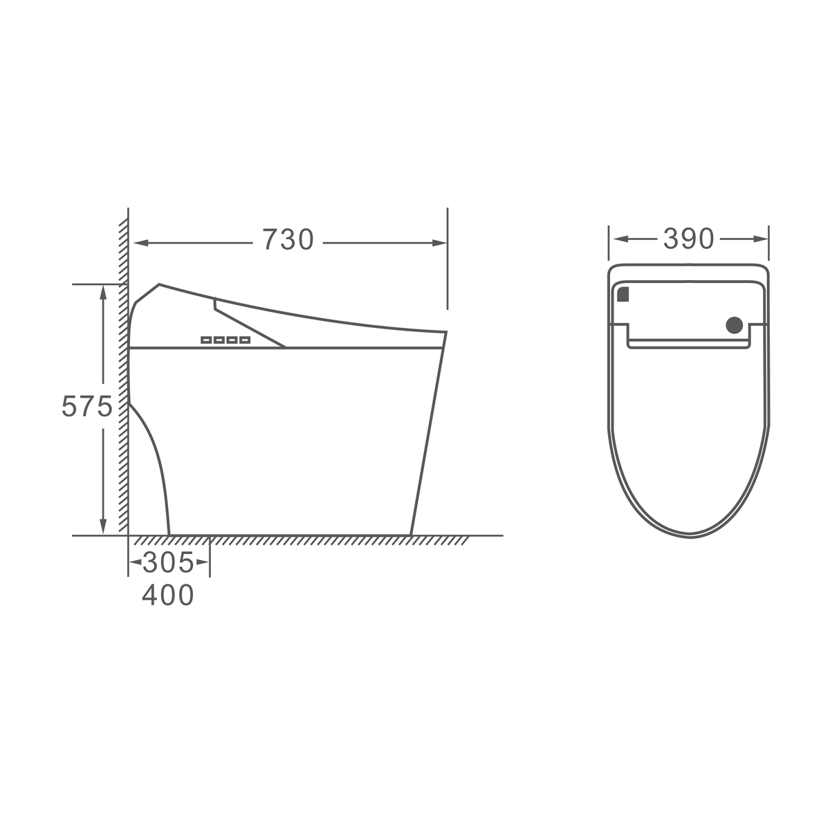 SANIKB HSJ-V8200 / HSJ-V8700 floor-mounted smart toilet dimension drawing, 730 × 390 × 575 mm