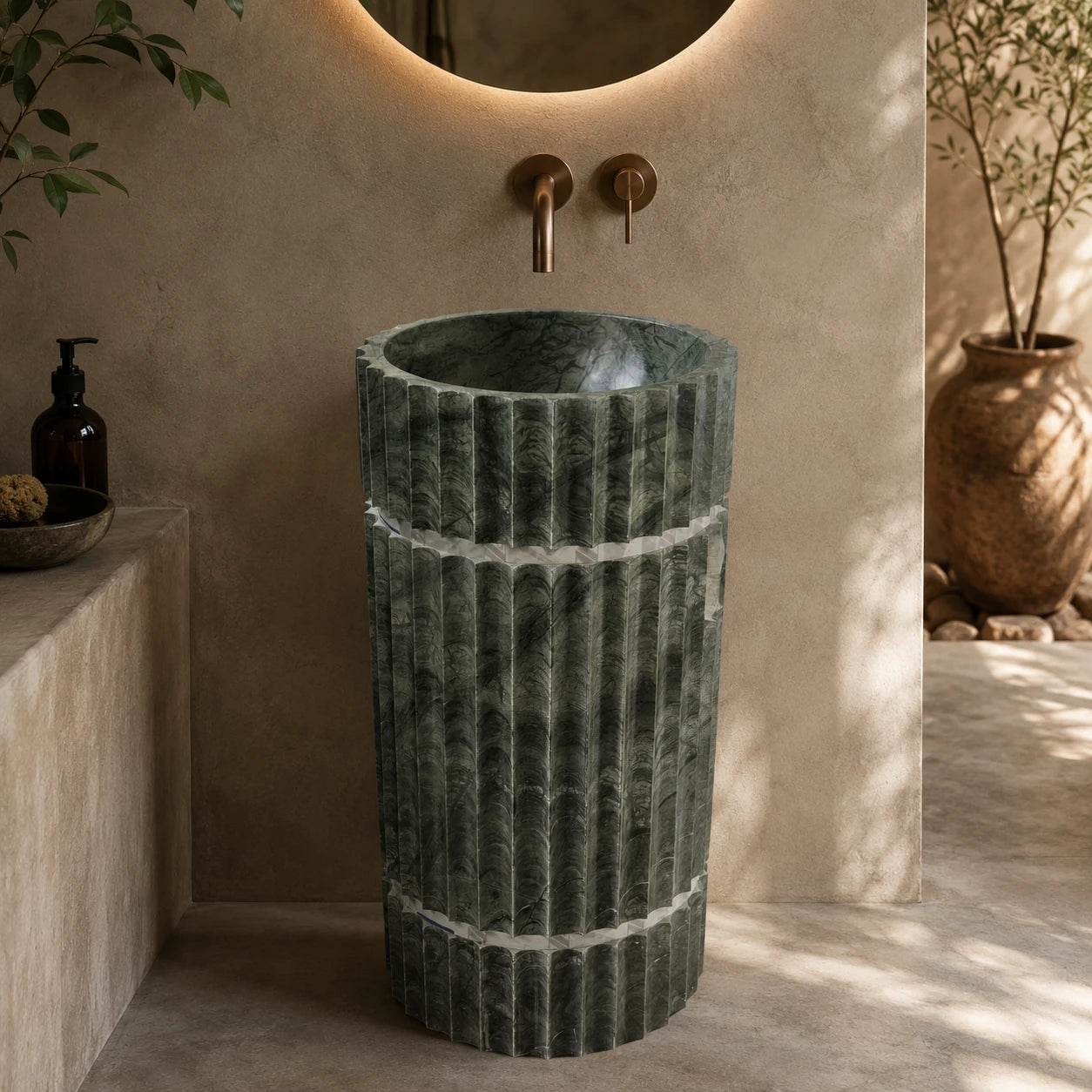 Indian green marble fluted pedestal basin