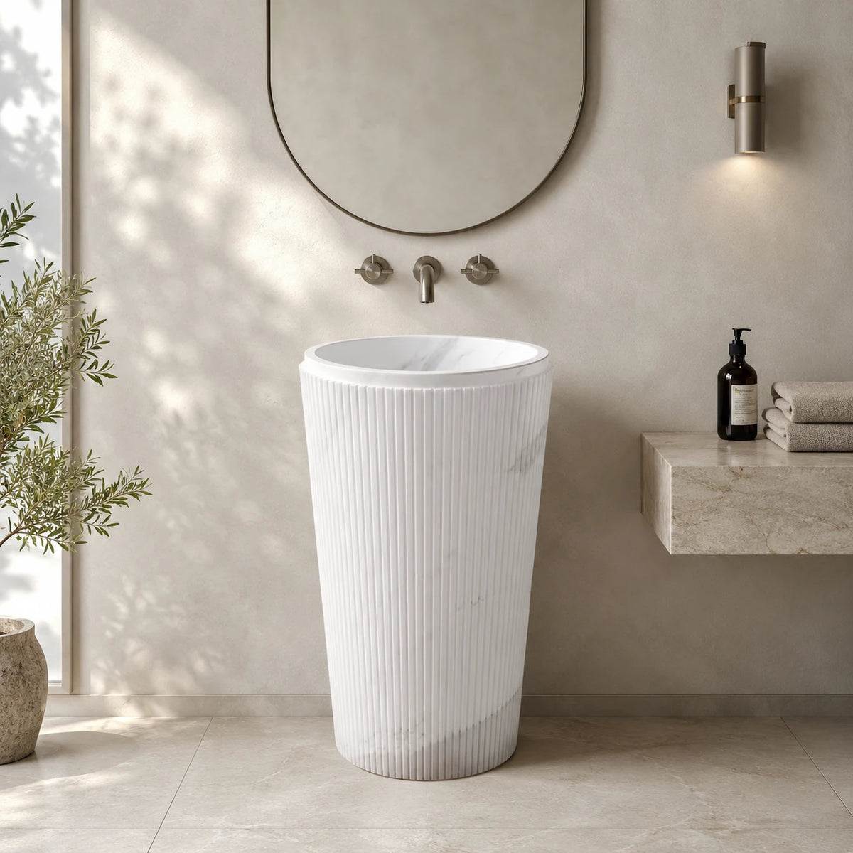 Jazz White Marble Fluted Pedestal Basin 1.7×1.7