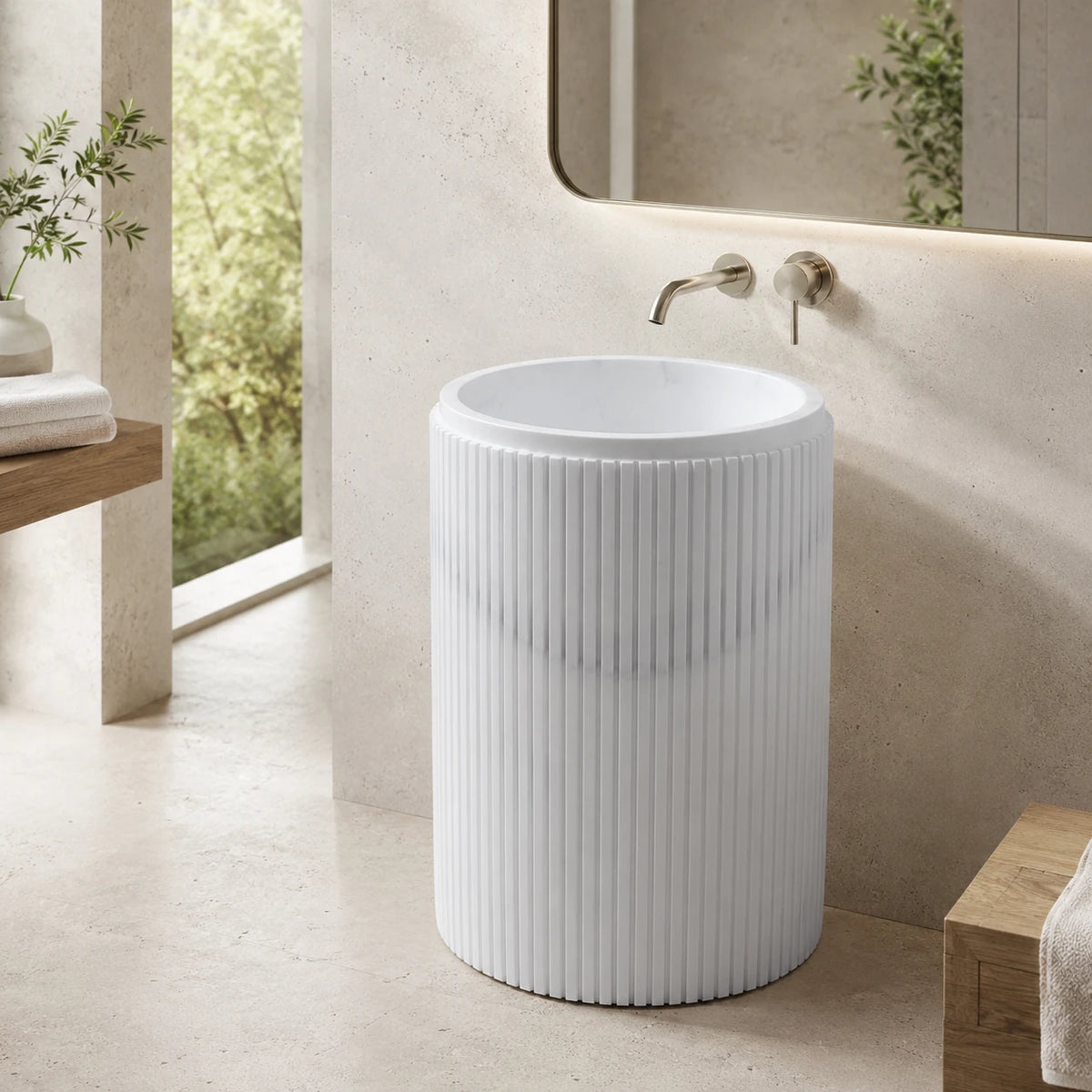 Jazz White Marble Fluted Pedestal Basin 1.7×1.7