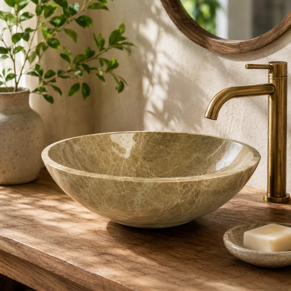 Light Emperador Marble Round Vessel Basin 16.5×5.5