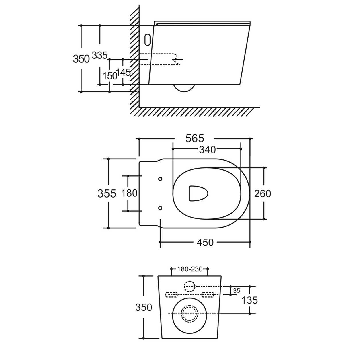 SANIKB LJ-A06 wall-hung toilet dimension drawing, 565 × 355 × 350 mm