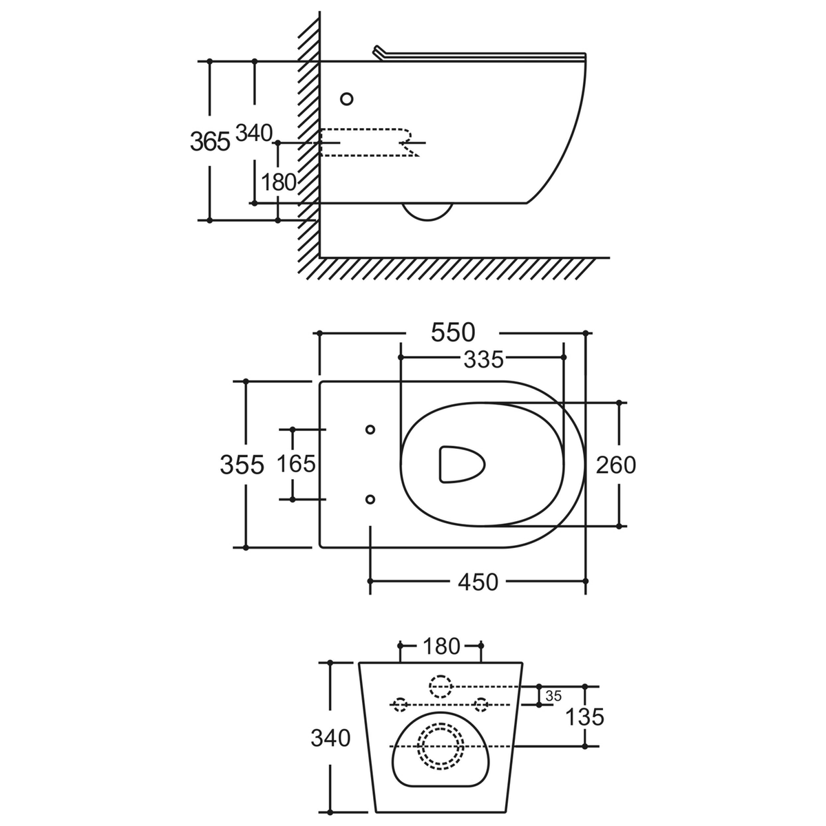 SANIKB LJ-A09 wall-hung toilet dimension drawing, 550 × 355 × 365 mm