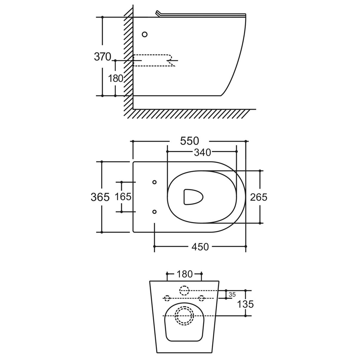 SANIKB LJ-A09E wall-hung toilet dimension drawing, 550 × 365 × 370 mm