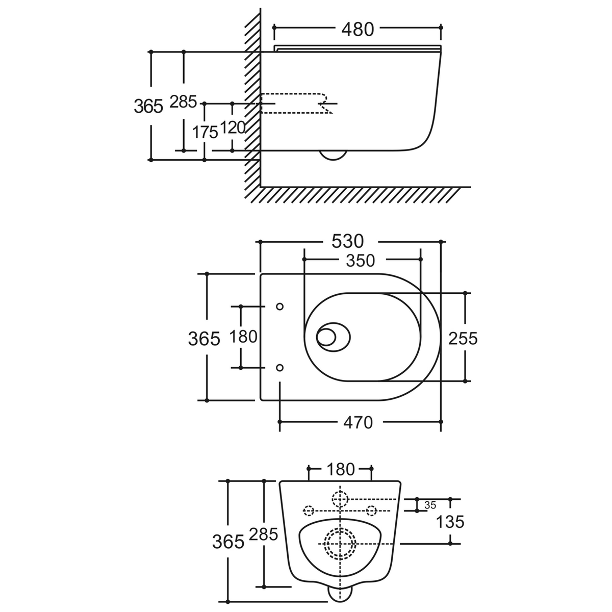 SANIKB LJ-A15 wall-hung toilet dimension drawing, 530 × 365 × 365 mm