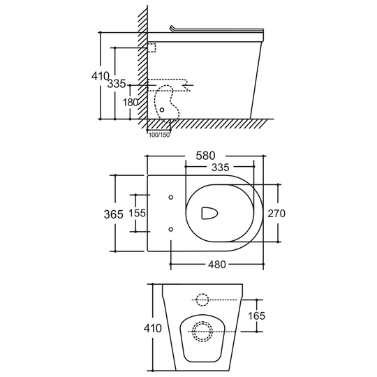 SANIKB LJ-B011 back-to-wall toilet dimension drawing, 580 × 365 × 410 mm