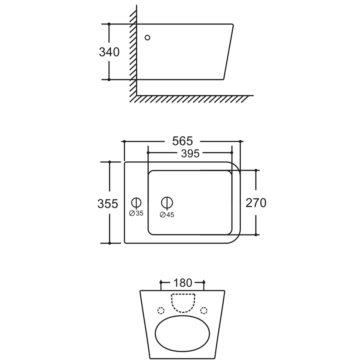 SANIKB LJ-D03WH bidet dimension drawing, 565 × 355 × 340 mm