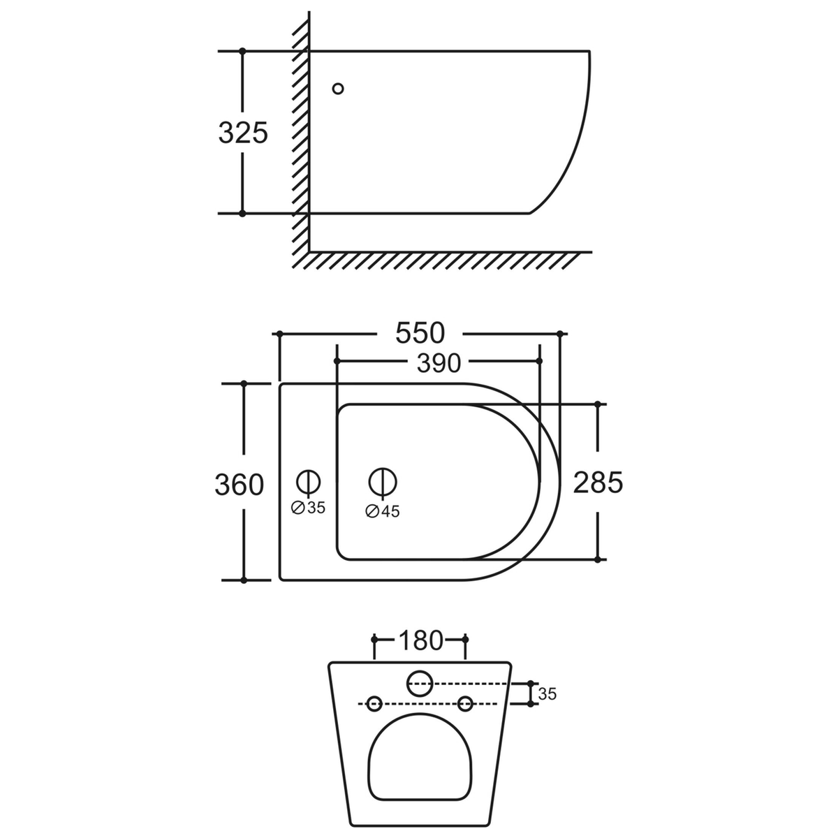 SANIKB LJ-D09WH bidet dimension drawing, 550 × 360 × 325 mm