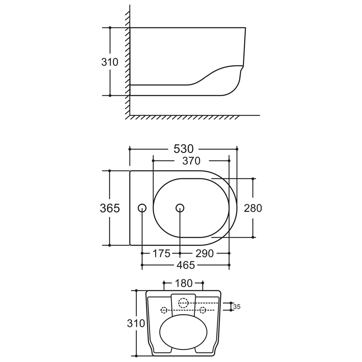 SANIKB LJ-DA12 bidet dimension drawing, 530 × 365 × 310 mm
