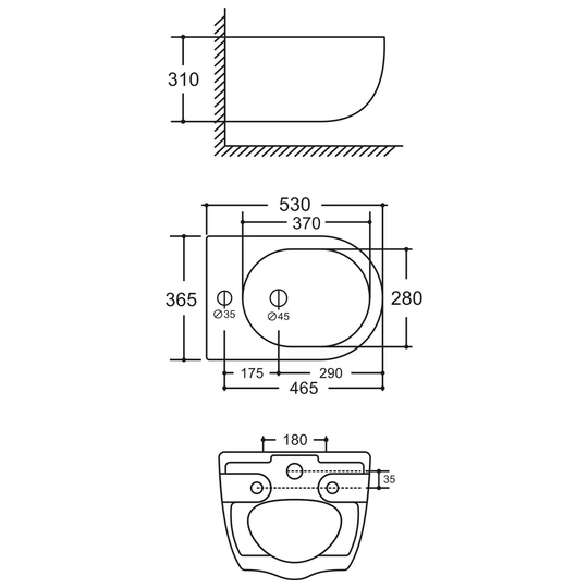 SANIKB LJ-DA15 bidet dimension drawing, 530 × 365 × 310 mm
