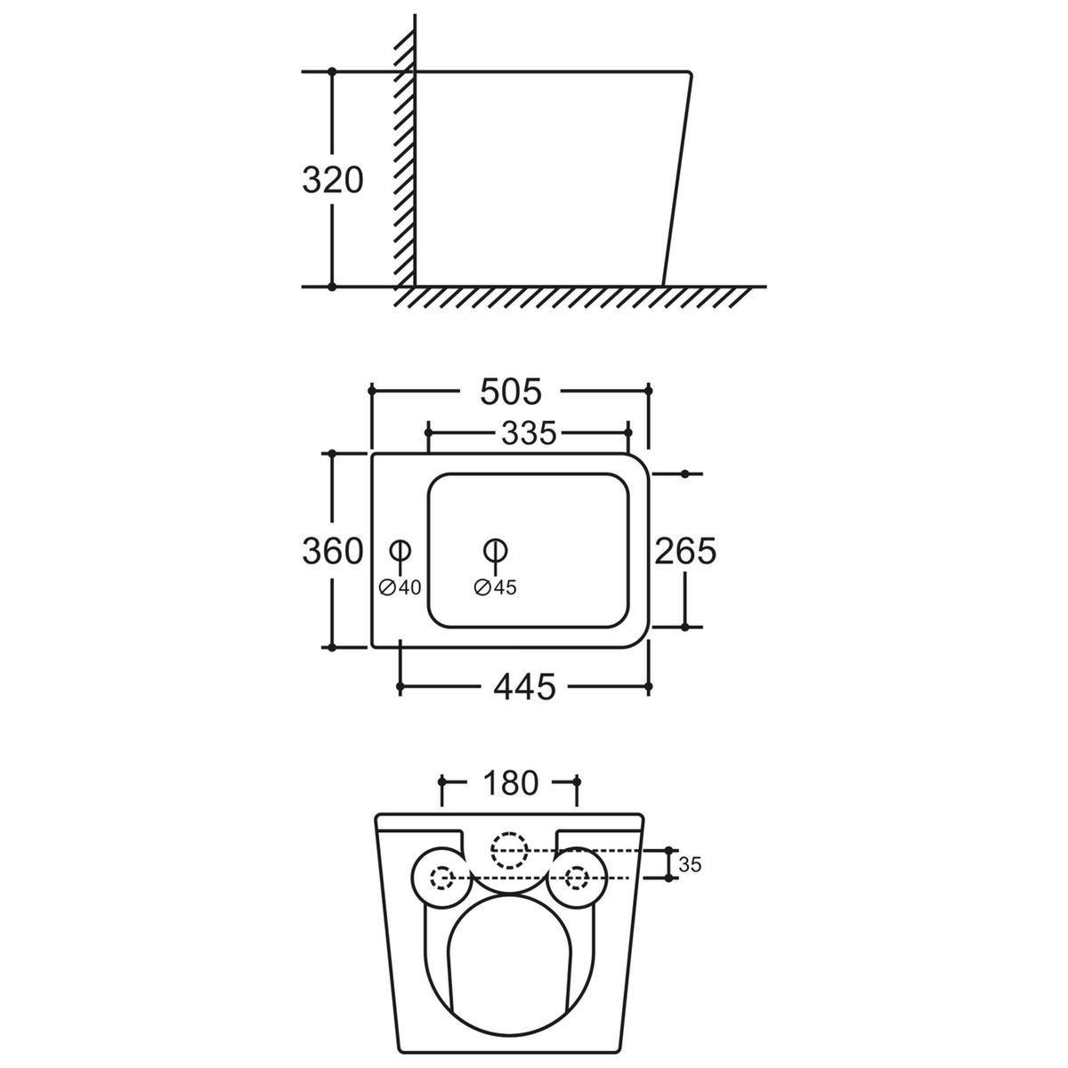 SANIKB LJ-DE08 bidet dimension drawing, 505 × 360 × 320 mm