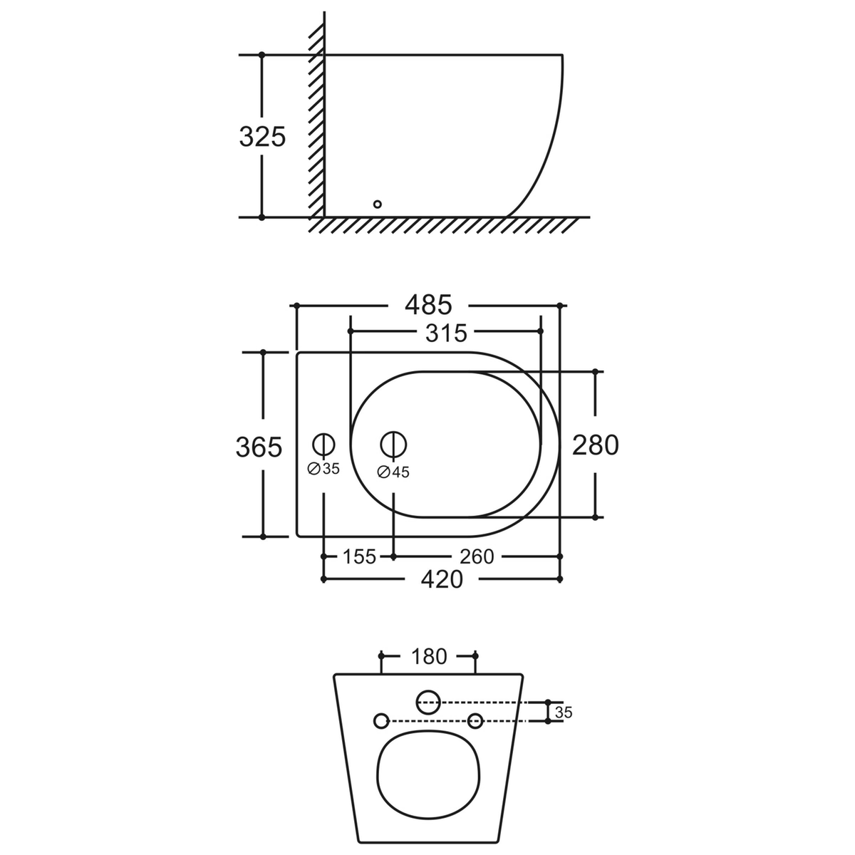 SANIKB LJ-DE09 bidet dimension drawing, 485 × 365 × 325 mm
