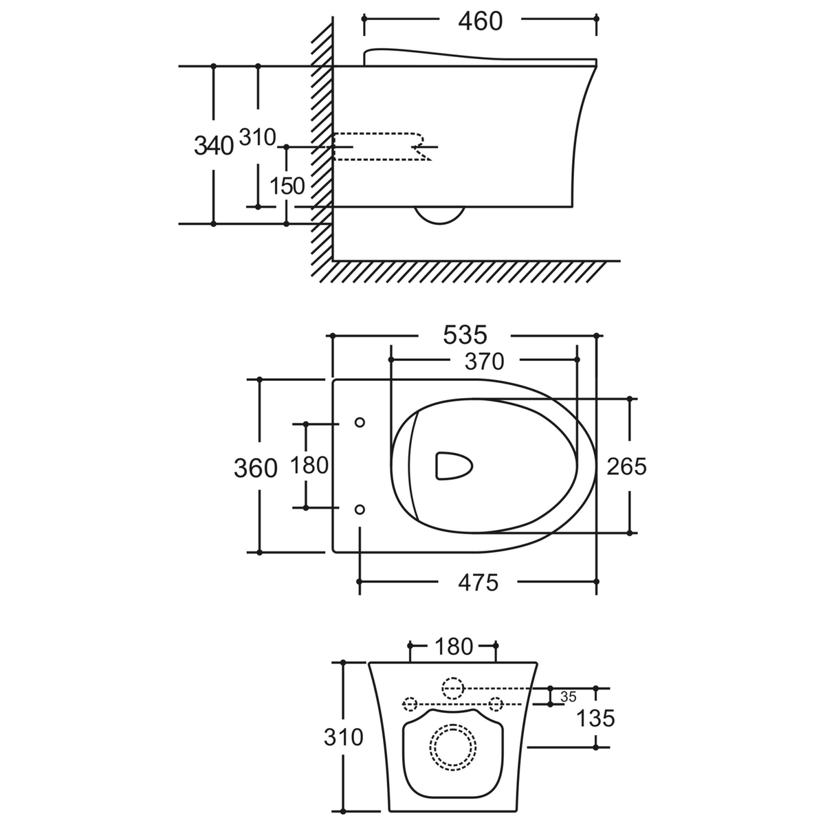 SANIKB LJ-E07 wall-hung toilet dimension drawing, 535 × 360 × 340 mm