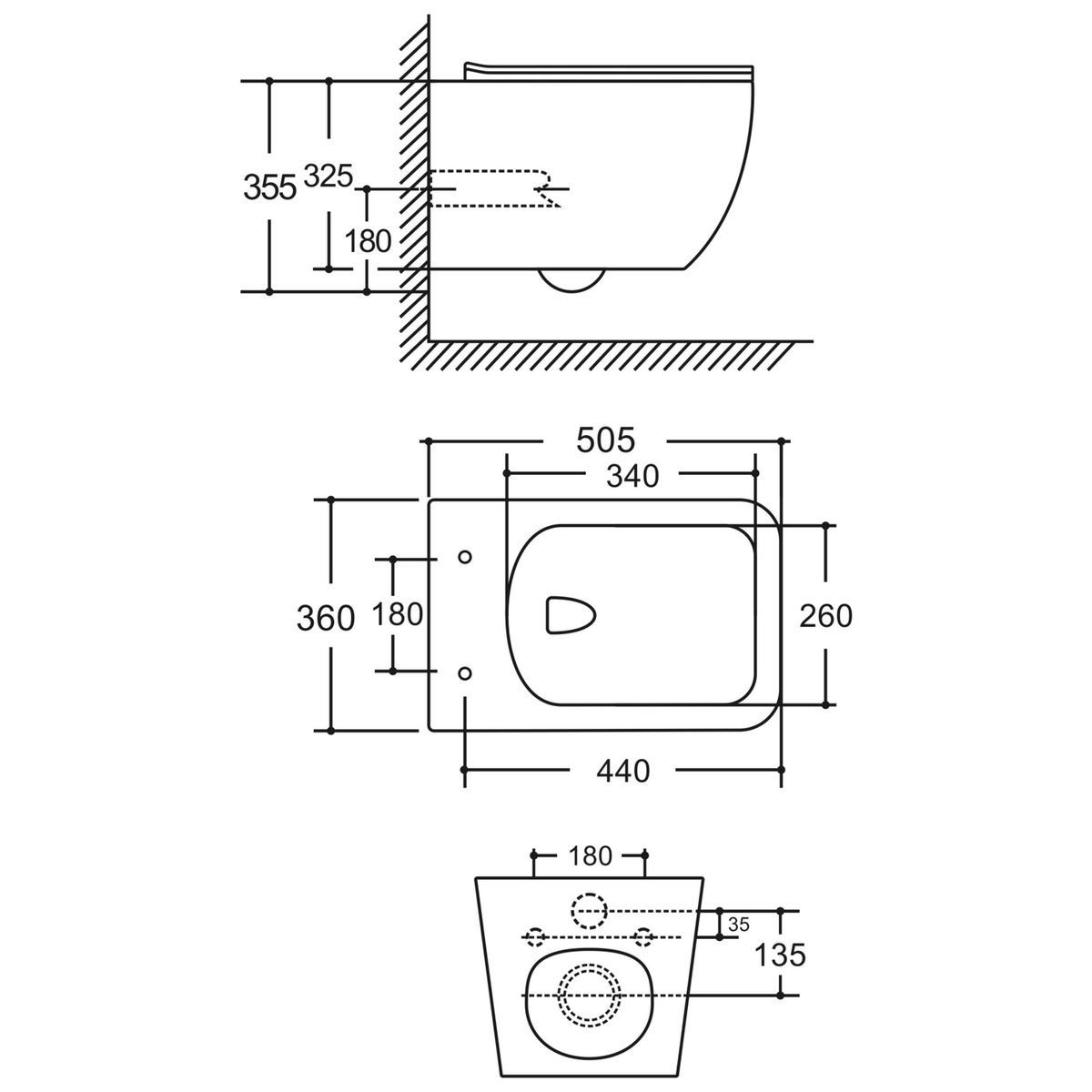 SANIKB LJ-E08 wall-hung toilet dimension drawing, 505 × 360 × 355 mm