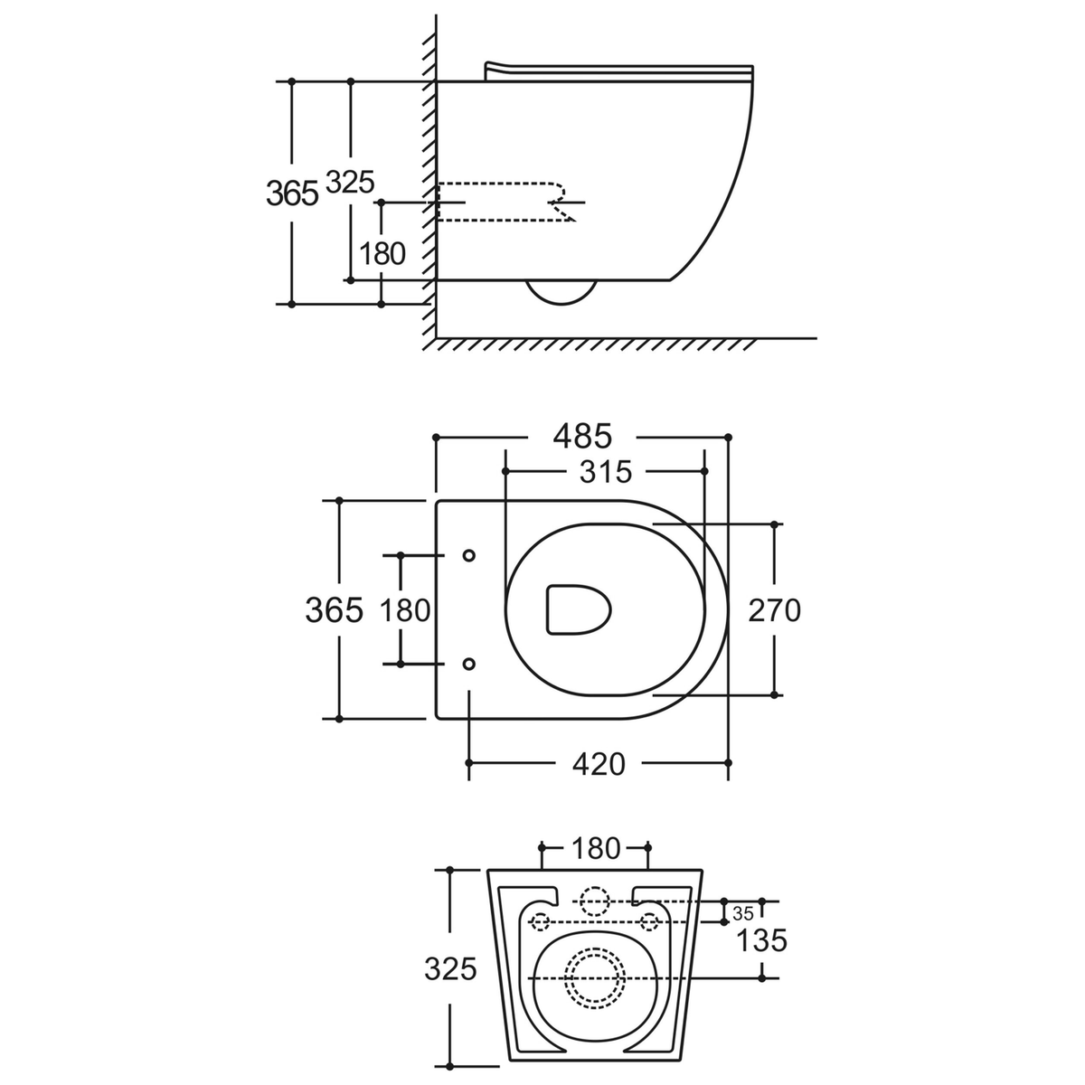 SANIKB LJ-E09 wall-hung toilet dimension drawing, 485 × 365 × 365 mm