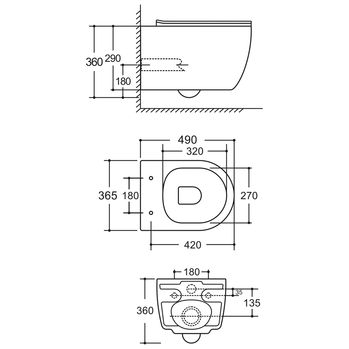 SANIKB LJ-E10 wall-hung toilet dimension drawing, 490 × 365 × 360 mm