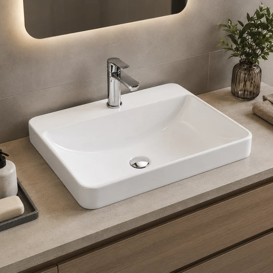 Low profile rectangular ceramic vanity sink installed in a styled bathroom — lifestyle scene, SANIKB SN501.