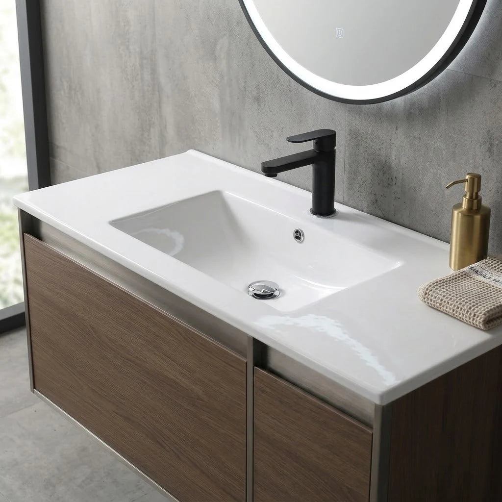 Multi size rectangular ceramic vanity sink installed in a styled bathroom — lifestyle scene, SANIKB SN1548.