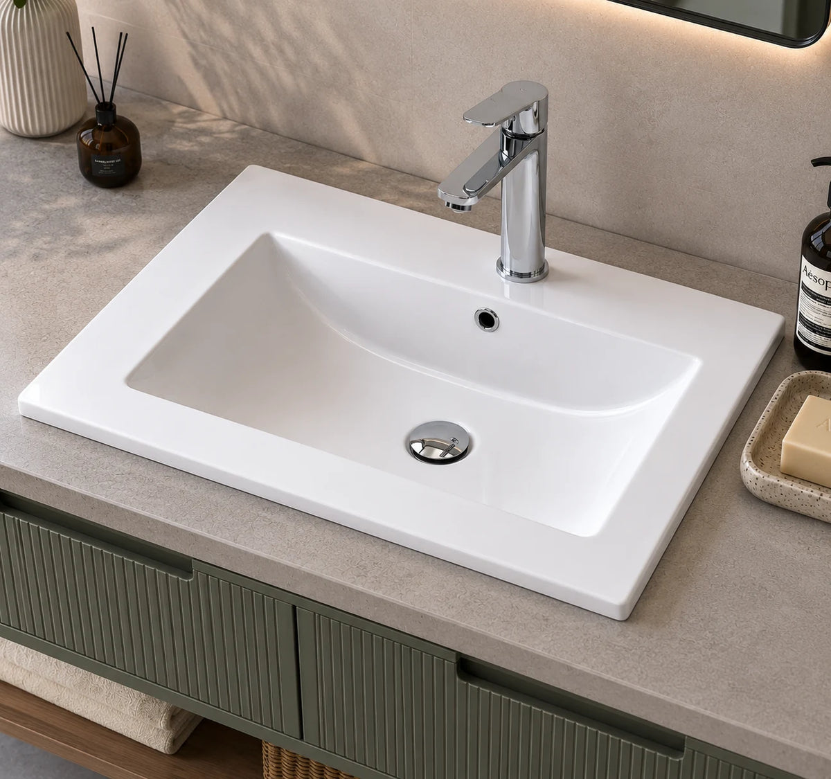 Multi size rectangular ceramic vanity sink installed in a styled bathroom — lifestyle scene, SANIKB SN1548.
