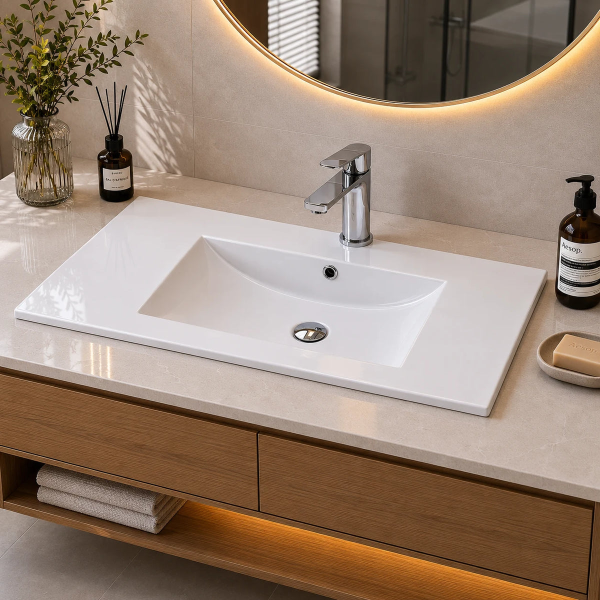 Multi size rectangular ceramic vanity sink installed in a styled bathroom — lifestyle scene, SANIKB SN1548.