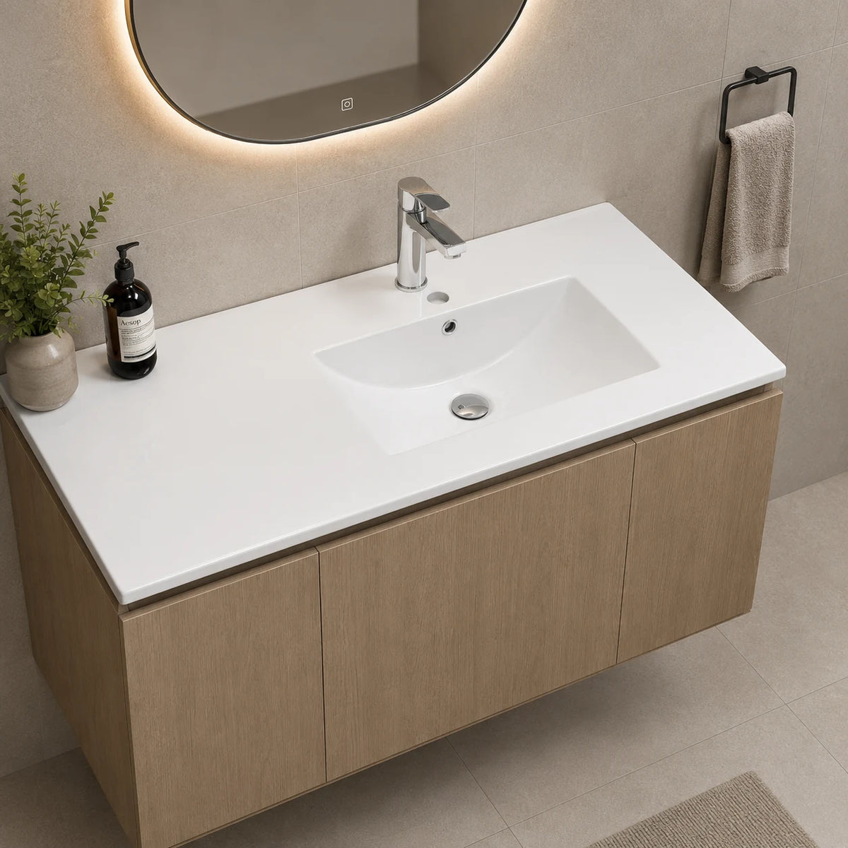Multi size rectangular ceramic vanity sink installed in a styled bathroom — lifestyle scene, SANIKB SN1548.