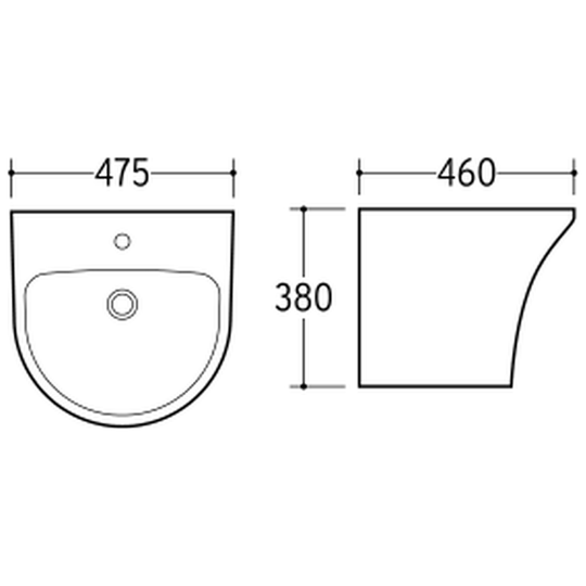 SANIKB NBK-200L wall-hung basin dimension drawing, 475 × 460 × 380 mm