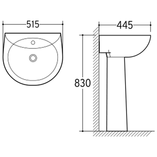 SANIKB NBK-203 pedestal basin dimension drawing, 515 × 445 × 830 mm