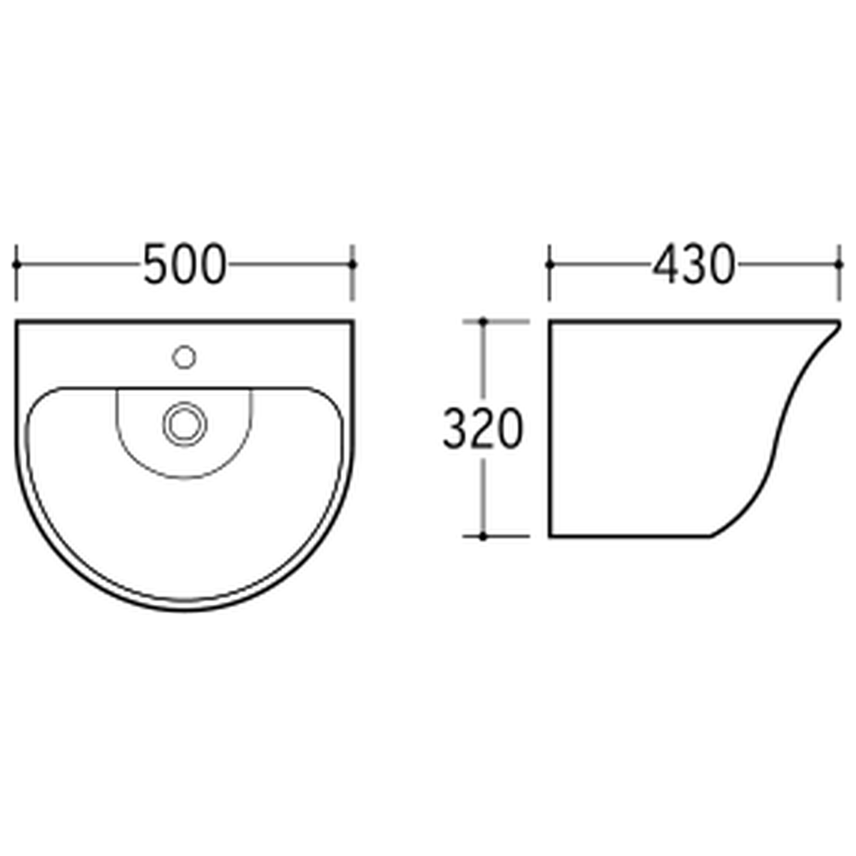 SANIKB NBK-205L wall-hung basin dimension drawing, 500 × 430 × 320 mm