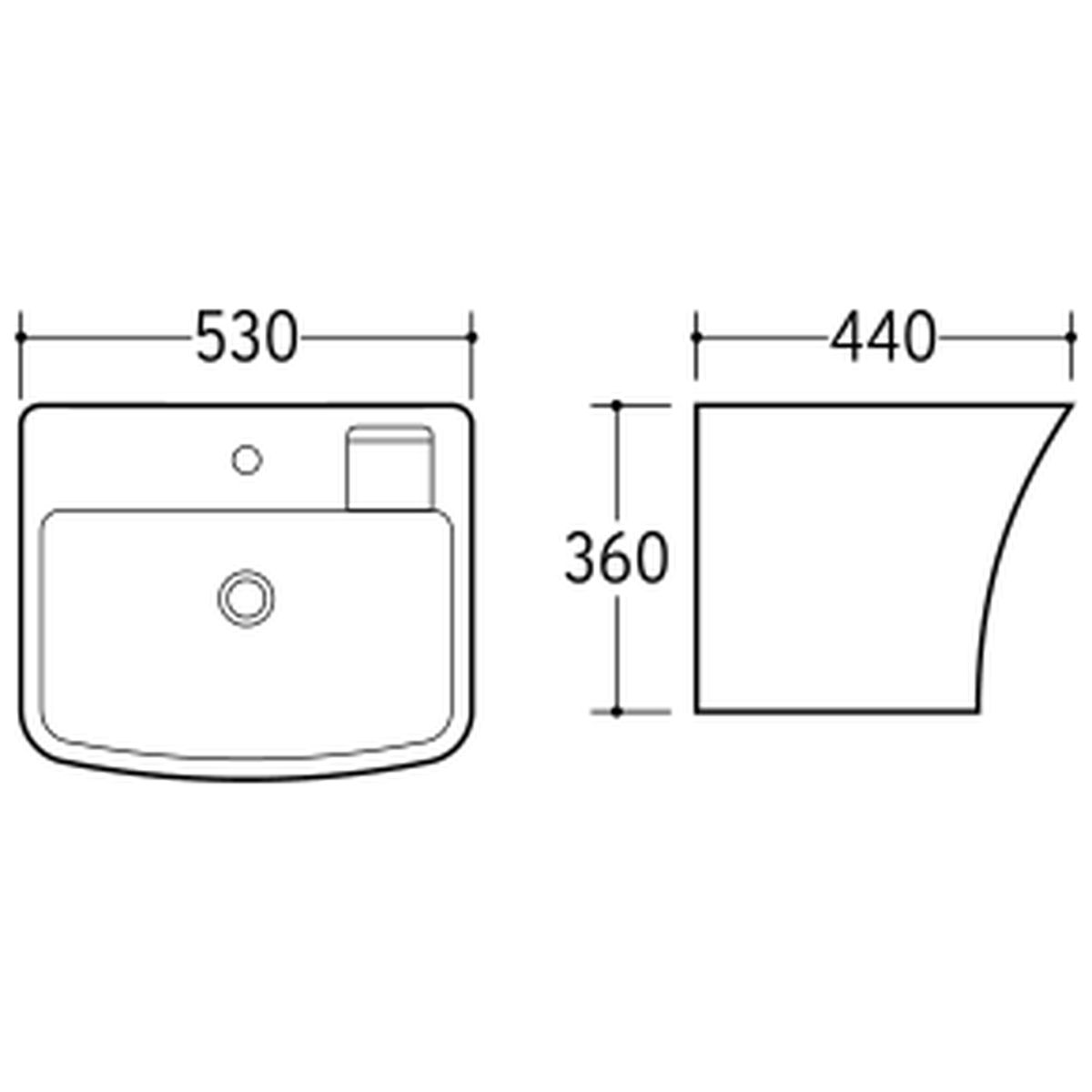 SANIKB NBK-207L wall-hung basin dimension drawing, 530 × 440 × 360 mm