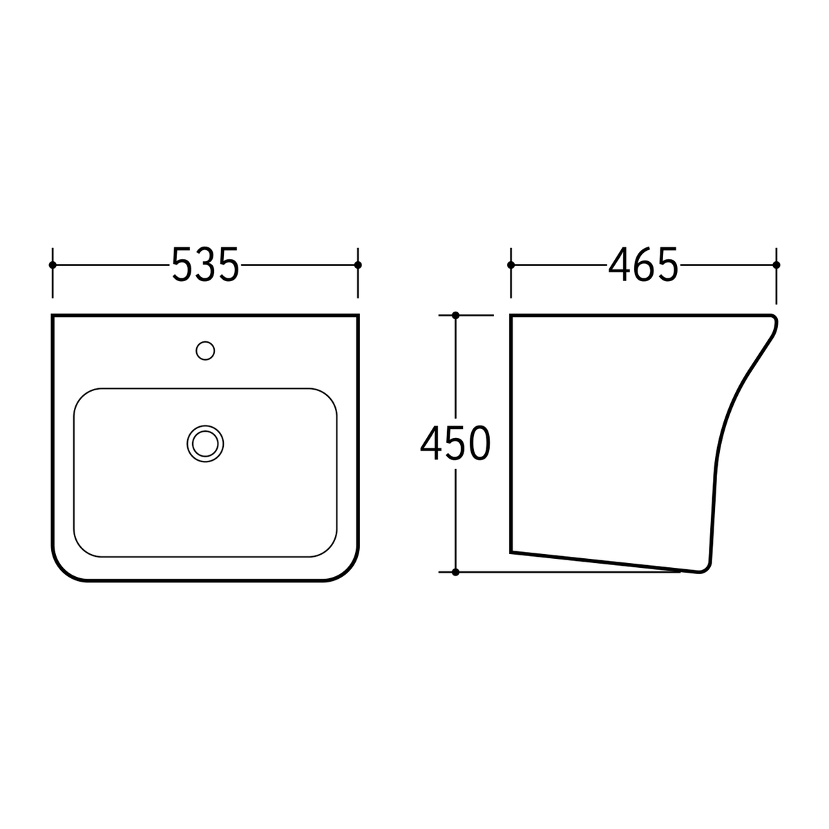 SANIKB NBK-208L wall-hung basin dimension drawing, 535 × 465 × 450 mm