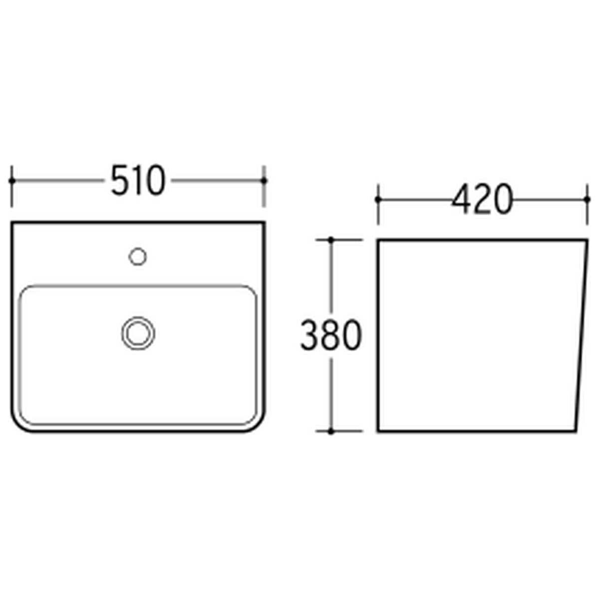 SANIKB NBK-243L wall-hung basin dimension drawing, 510 × 420 × 380 mm