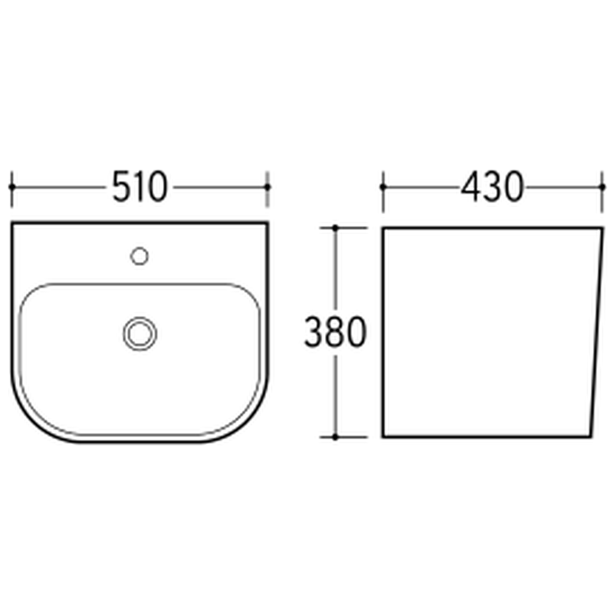 SANIKB NBK-247L wall-hung basin dimension drawing, 510 × 430 × 380 mm