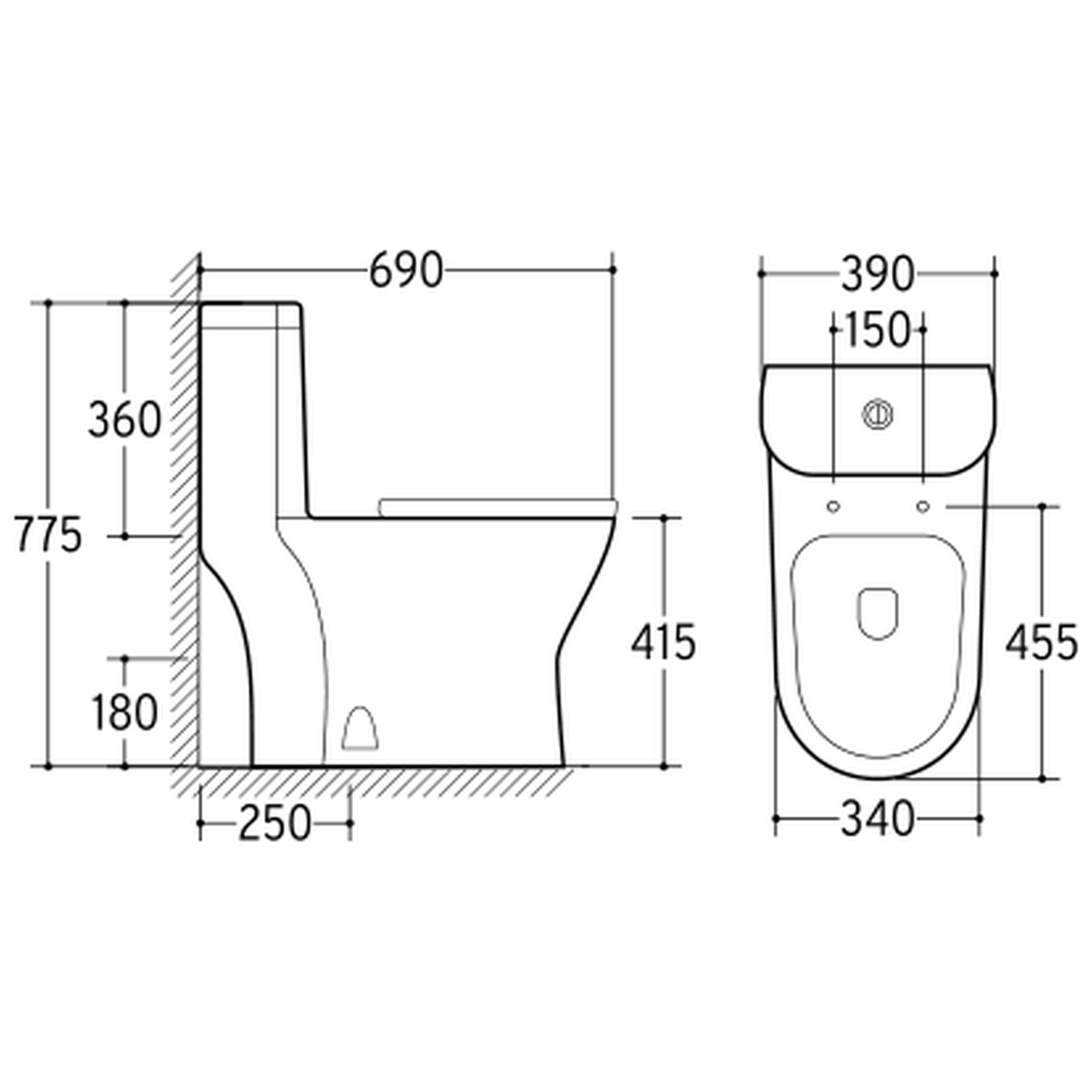 SANIKB NBK-3070 one-piece toilet dimension drawing, 690 × 390 × 775 mm