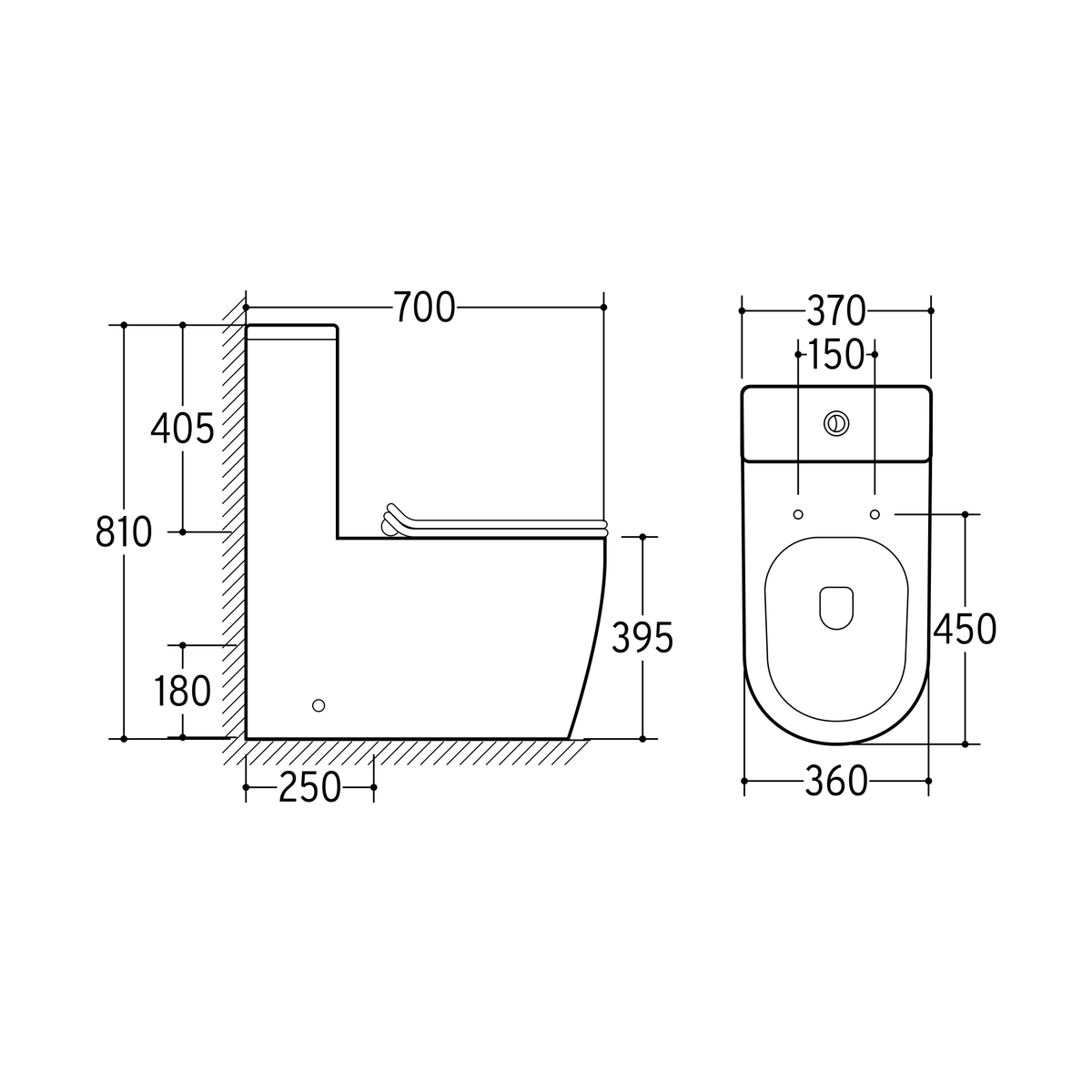 SANIKB NBK-3073 one-piece toilet dimension drawing, original factory dimensions 700 × 370 × 810 mm