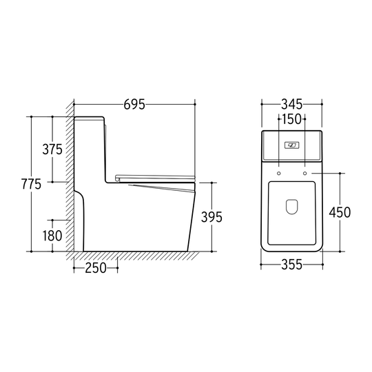SANIKB NBK-3075 one-piece toilet dimension drawing, 695 × 345 × 775 mm