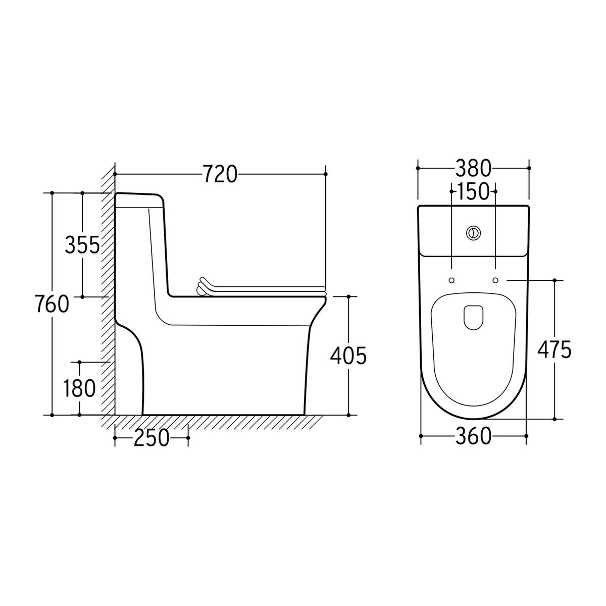 SANIKB NBK-3093 one-piece toilet dimension drawing, 720 × 380 × 760 mm