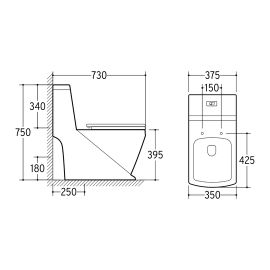 SANIKB NBK-3099 one-piece toilet dimension drawing, 730 × 375 × 750 mm