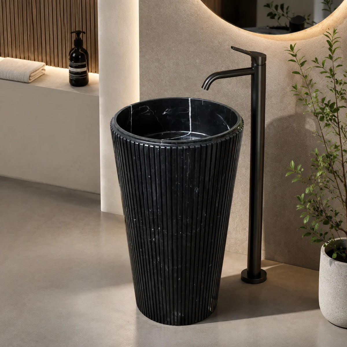 Nero Marquina Marble Fluted Pedestal Basin 1.6×1.6