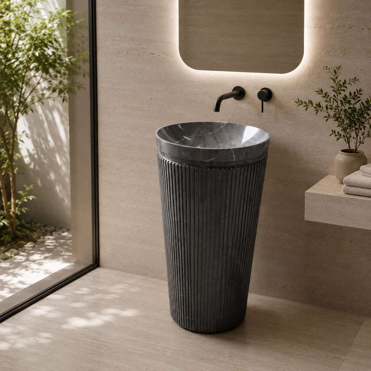 Nero Marquina Marble Fluted Pedestal Basin