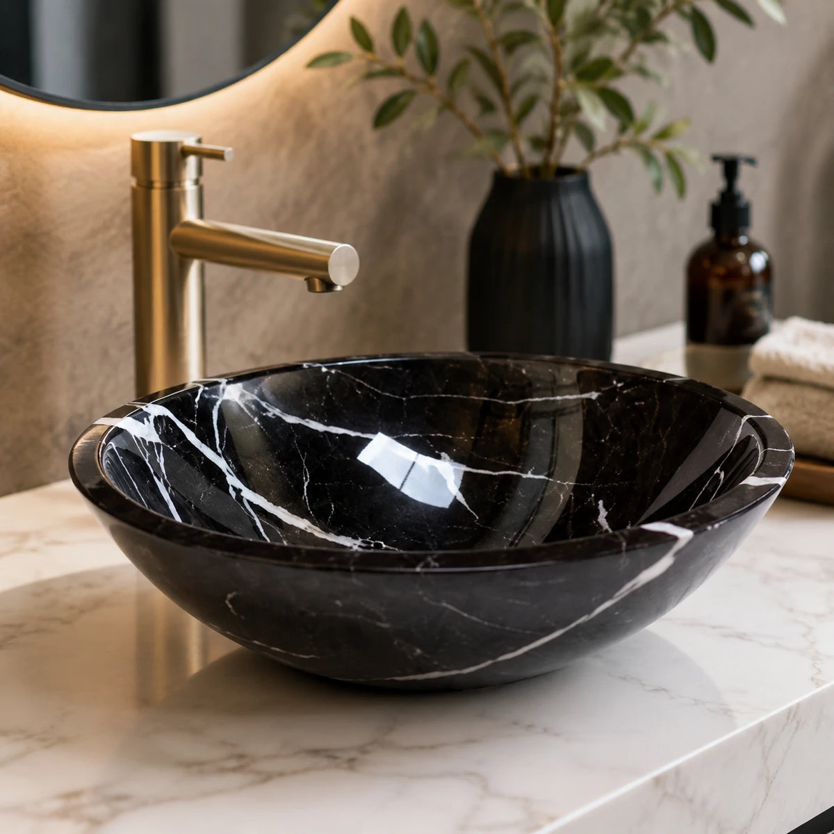 Nero Marquina Marble Round Vessel Basin 16.5×5.5