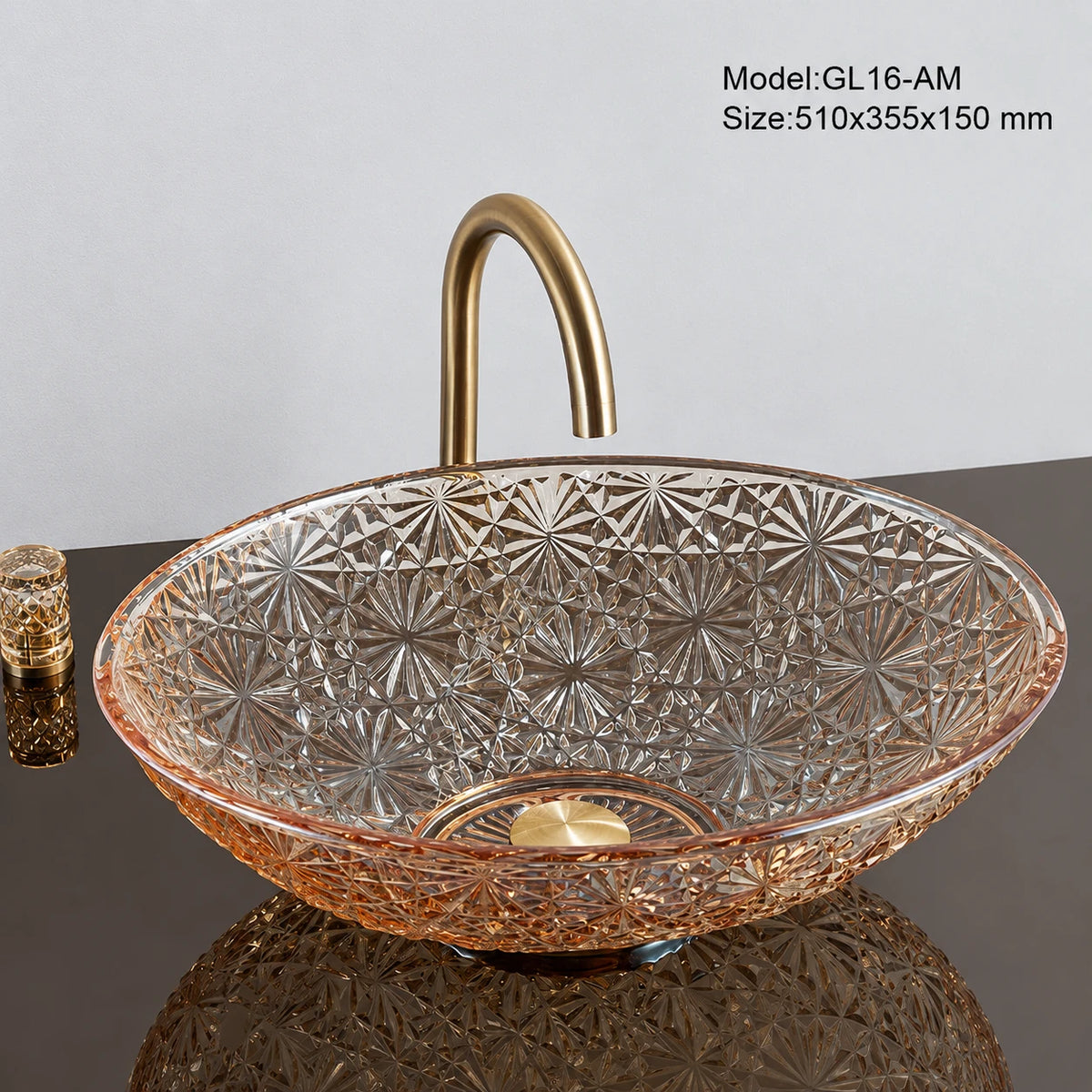 Amber faceted glass vessel sink with gold faucet, oval 510mm starburst-cut bowl