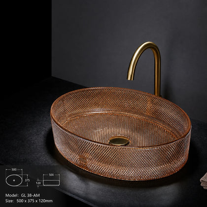Amber diamond-cut glass vessel sink with gold faucet, oval 500mm bowl